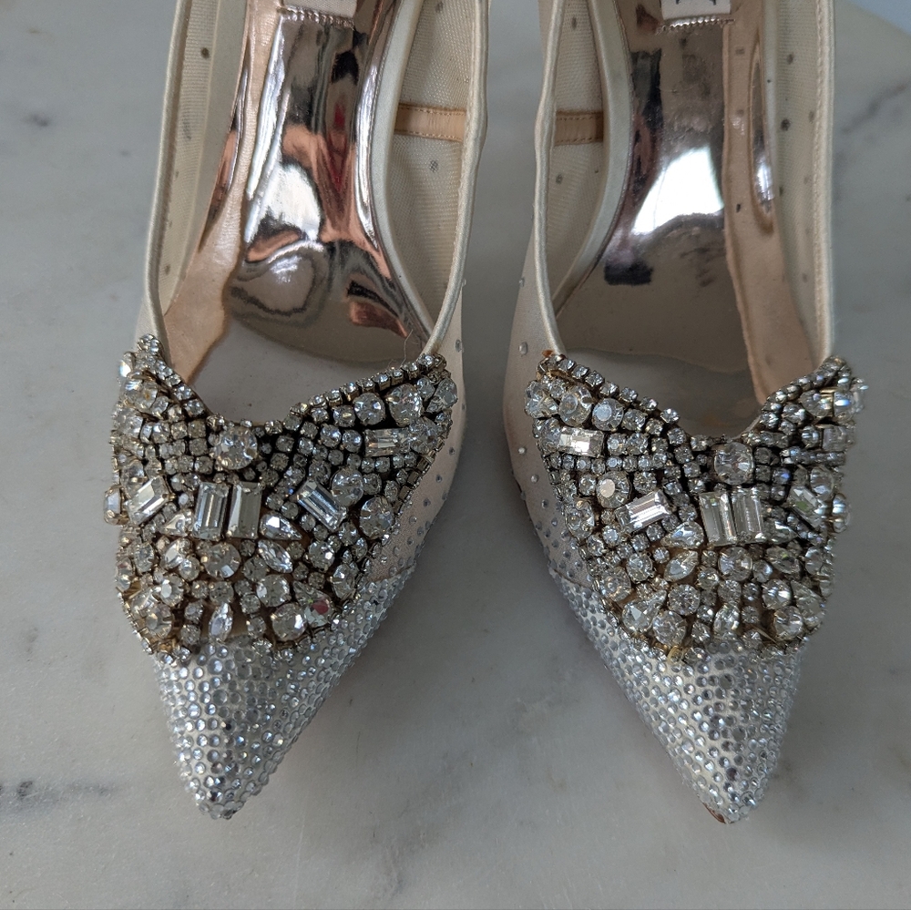 Badgley Mischka Quintana Rhinestone Satin Mesh Pumps Evening Wedding Heels - Picture 15 of 16